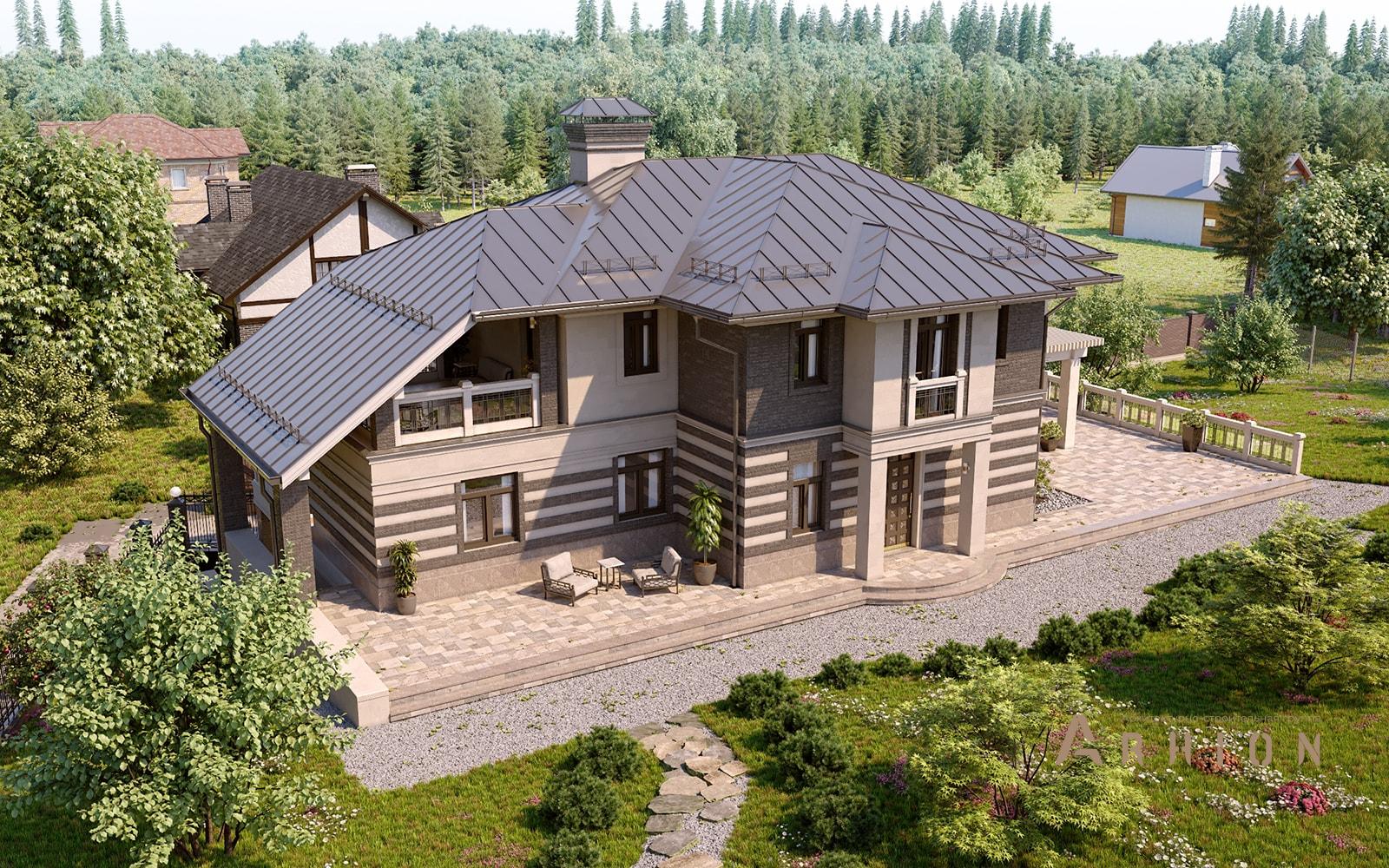 4. Проект двухэтажного дома в современном стиле с многоскатной кровлей, av-500, площадью - 500 кв c цокольным этажом, терассой, балконом, гаражом, эркером